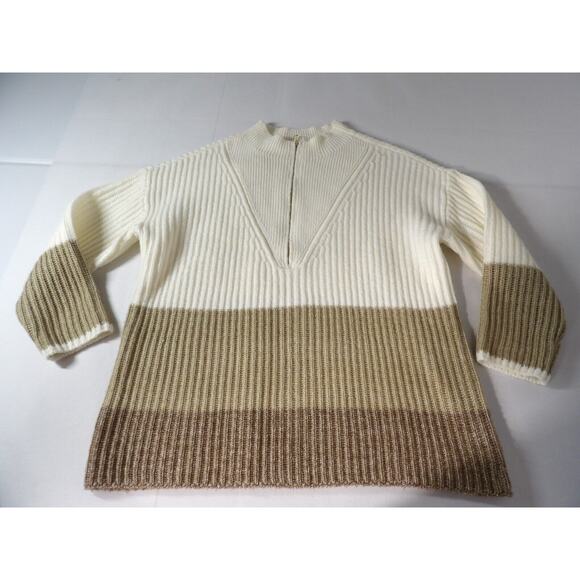 Talbots 1XP Petite Sweater Wool Blend Cable Knit Colorblock Cream Brown 1/4 Zip - Picture 7 of 11